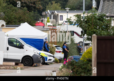 Waldstadt, Mansfield, Großbritannien. 29. August 2018. Ein 66-jährige Mann und die 48-jährige Frau an hohen Bäumen Park Homes in Waldstadt, Mansfield gestorben sind. Credit: Andy Gallagher/Alamy leben Nachrichten Stockfoto