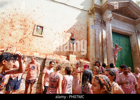 Valencia, Spanien. 29. August 2018. Buñol Gastgeber dieses letzten Mittwoch im Monat August in den meisten internationalen Partei, La Tomatina, 145 Tonnen Tomaten sind durch die Straßen der Gemeinde geworfen. La Tomatina hat eine große internationale Touristenattraktion geworden; dieses Jahr einen Zustrom von 22.000 Teilnehmer erwartet wird, aus fast allen Ländern der Welt. Credit: Salva Garrigues/Alamy leben Nachrichten Stockfoto