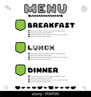 Hand gezeichnet Menü für Cafe mit Frühstück, Mittagessen, Abendessen Inschriften. Template Design. Stock Vektor