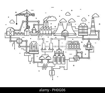 Industrie Fabrik Technologie Prozess mit Ökologie Konzept. Dünne Linie. Flat Style. Line Art. Stock Vektor