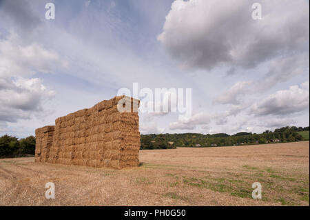 Massive hoch 8 Ballen hoher Stapel von Stroh, einen Ballen tief an der Gefahr der kippen kann, altmodische Methode, nicht rund, Hoch über North Downs Hintergrund Stockfoto