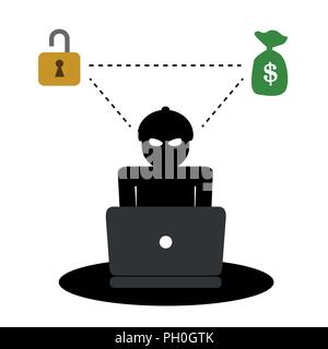 Hacker in der Maske mit Laptop denken über Geld isoliert Vektor-illustration EPS 10. Stock Vektor