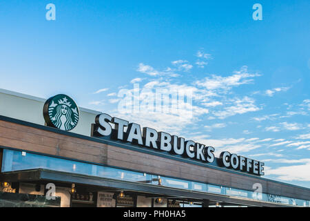 Monte-Carlo, Monaco. 23. Juni 2018. Melden Kaffee von Starbucks. Firma Schild Kaffee von Starbucks. Stockfoto