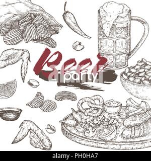 Bier party Vorlage mit Bierkrug, Chips, Nüsse, Chicken Wings und Snack plate. Stock Vektor