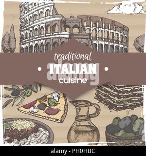 Vintage Vorlage mit Rom Landschaft und Farbe italienische Küche. Stock Vektor