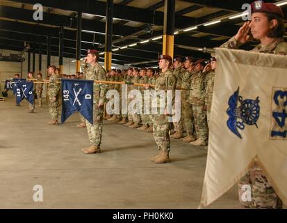 Rhein ORDNANCE BARRACKS, Deutschland - Sky Soldaten von 3-638Infanterie Regiment, 173Rd Airborne Brigade Abschied ausgehende Bataillonskommandeur Oberstleutnant Kurt Cyr und Willkommen eingehende Bataillonskommandeur Oberstleutnant Gorby. Stockfoto