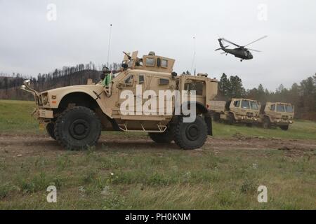 Us-Soldaten des 731St Transport Unternehmen, Kansas Army National Guard, sorgt für Sicherheit auf Landing Zone während einer Messe Unfallversicherung Schulungsveranstaltung zur Unterstützung der Goldenen Coyote, Custer State Park, S.D., 16. Juni 2018. Die goldenen Coyote Übung ist eine dreiphasige, Szenario-driven Übung in den Black Hills von South Dakota und Wyoming, mit dem Kommandanten auf der Mission wesentliche Anforderungen der Aufgabe, Krieger Aufgaben und Übungen zu konzentrieren. Stockfoto