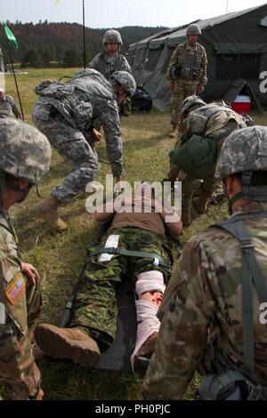 Us-Soldaten, die in den Bereich Support 730th Medical Company, South Dakota Army National Guard, Medizinische Befehl, Distrikt von Columbia Army National Guard, und 38th kanadischen Brigade Group, kanadischen Streitkräften, Zug zusammen in einem Mass Casualty Übung zur Unterstützung der Goldenen Coyote Übung, Custer State Park, 16. Juni 2018. Die goldenen Coyote Übung ist eine dreiphasige, Szenario-driven Übung in den Black Hills von South Dakota und Wyoming, mit dem Kommandanten auf der Mission wesentliche Anforderungen der Aufgabe, Krieger Aufgaben und Übungen zu konzentrieren. Stockfoto