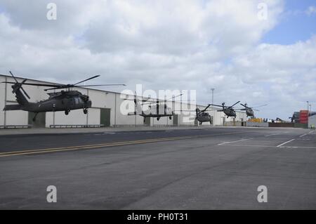 5 4 Combat Aviation Brigade, 4 Infanterie Division Black Hawk Hubschrauber heben Sie im Hafen von Rotterdam, Donnerstag, 21. Juni Anfang an Bewegung zu Illesheim, Deutschland. Das Flugzeug und Ausrüstung für das 4.CAB aus Ft. Carson, Colorado angekommen und war in Rotterdam 20. Juni verschoben. Sie sind bereitstellen zu Europa für neun Monate zur Unterstützung der Atlantischen Lösen mit 52 UH-60 und HH-60 Schwarze Falken, 12 CH-47 Chinook, 24 AH-64 Apaches und 1.500 Stücke der Ausrüstung als dritte Ferse - - toe Drehung eines U.S. Army Aviation Brigade. Für die nächsten neun Monate 4 CAB in Mi teilnehmen Stockfoto