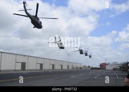 5 4 Combat Aviation Brigade, 4 Infanterie Division Black Hawk Hubschrauber heben Sie im Hafen von Rotterdam, Donnerstag, 21. Juni Anfang an Bewegung zu Illesheim, Deutschland. Das Flugzeug und Ausrüstung für das 4.CAB aus Ft. Carson, Colorado angekommen und war in Rotterdam 20. Juni verschoben. Sie sind bereitstellen zu Europa für neun Monate zur Unterstützung der Atlantischen Lösen mit 52 UH-60 und HH-60 Schwarze Falken, 12 CH-47 Chinook, 24 AH-64 Apaches und 1.500 Stücke der Ausrüstung als dritte Ferse - - toe Drehung eines U.S. Army Aviation Brigade. Für die nächsten neun Monate 4 CAB in Mi teilnehmen Stockfoto