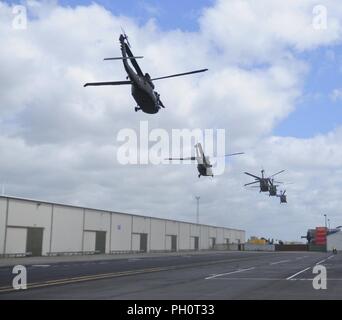 5 4 Combat Aviation Brigade, 4 Infanterie Division Black Hawk Hubschrauber heben Sie im Hafen von Rotterdam, Donnerstag, 21. Juni Anfang an Bewegung zu Illesheim, Deutschland. Das Flugzeug und Ausrüstung für das 4.CAB aus Ft. Carson, Colorado angekommen und war in Rotterdam 20. Juni verschoben. Sie sind bereitstellen zu Europa für neun Monate zur Unterstützung der Atlantischen Lösen mit 52 UH-60 und HH-60 Schwarze Falken, 12 CH-47 Chinook, 24 AH-64 Apaches und 1.500 Stücke der Ausrüstung als dritte Ferse - - toe Drehung eines U.S. Army Aviation Brigade. Für die nächsten neun Monate 4 CAB in Mi teilnehmen Stockfoto