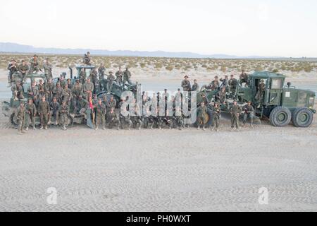 Marines mit Ingenieur Unternehmen, Marine Wing Support Squadron 473, Marine Flugzeuge Gruppe 41, 4 Marine Flugzeugflügel, posieren für ein Gruppenfoto vor der nebensächlichen Landeplatz Seagle, während integrierte Ausbildung Übung 4-18 bei Marine Corps Air Ground Combat Center Twentynine Palms, Calif., 21. Juni 2018. OLF Seagle letzte gearbeitet vor 15 Jahren, als es gebaut wurde, ist nach der Navy Cross Empfänger Capt Jeb Seagle, Cobra Pilot in Grenada im Jahre 1983 getötet. Stockfoto