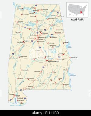Straßenkarte des US-amerikanischen Bundesstaates Alabama. Stock Vektor