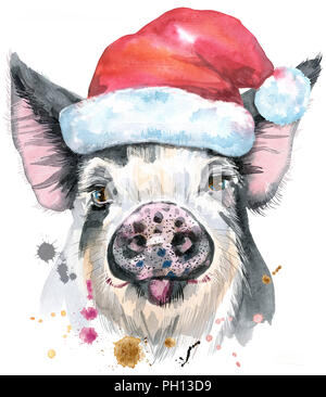 Süße Schweinchen. Schwein mit Santa hat für T-shirt Grafiken. Aquarell Schwein in schwarzen Flecken Abbildung Stockfoto