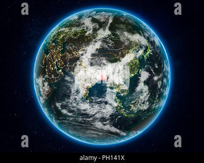 Bangladesch aus dem Weltraum auf dem Planeten Erde bei Nacht mit sichtbaren Grenzen. 3D-Darstellung. Elemente dieses Bild von der NASA eingerichtet. Stockfoto
