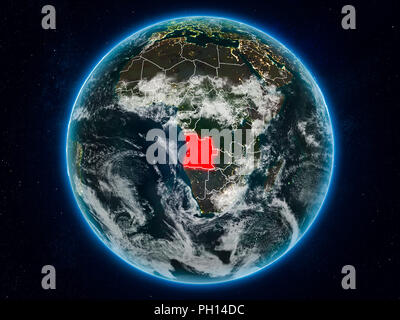 Angola aus dem Weltraum auf dem Planeten Erde bei Nacht mit sichtbaren Grenzen. 3D-Darstellung. Elemente dieses Bild von der NASA eingerichtet. Stockfoto
