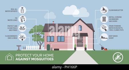 Mückenstich Prävention Infografik: Ihr Haus und Umgebung von den Moskitos schützen Stock Vektor