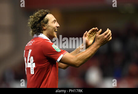 Nottingham Forest Michael Hefele reagiert, nachdem der letzte während der carabao Cup, zweite Runde an der Stadt Boden, Nottingham Pfeifen. Stockfoto