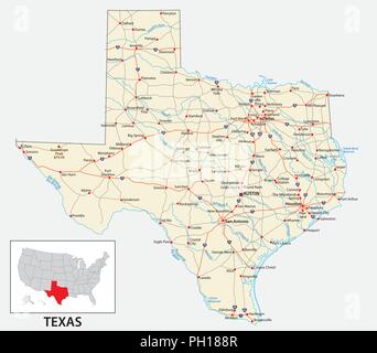 Straßenkarte des US-amerikanischen Bundesstaates Texas. Stock Vektor