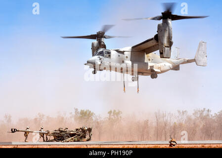 Marines mit Marine Medium Tiltrotor Squadron 268 (VMM-268) Schließen Sie einen M777 Haubitze von Mike Batterie, 3.Bataillon, 11 Marine Regiment, MV-22 Osprey während Marine Drehkraft - Darwins Übung Koolendong am Mount Bundey Training Area, Australien, Nov. 25, 2018. Dies ist zum ersten Mal eine Osprey abgehoben hat und verschoben eine Haubitze in einem strengen Umwelt in Australien und es ist das erste Mal, dass eine gesamte Artillerie Batterie zur Unterstützung der MRF-D. bereitgestellt (U.S. Marine Corps Foto: Staff Sgt. Daniel Wetzel) Stockfoto