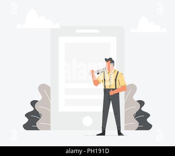 Master in Arbeitskleidung mit einem Schraubenschlüssel ist Reparatur Groß-Smartphone. Mann Instandsetzung defekter Handy. Vector Illustration eines flachen Design. Stock Vektor