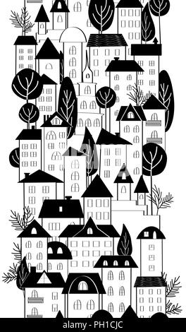 Cartoon Handzeichnung Stadt Häuser und Bäume nahtlose Grenze. Schwarz und Weiß. Vektor handgezeichnete Abbildung Stock Vektor