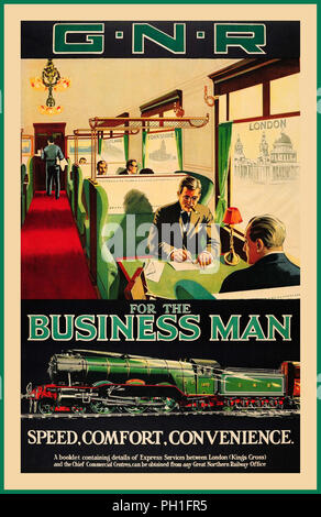 Jahrgang 1920er/1930er Reisen Werbung Plakat für die Great Northern Railway G.N.R. Für den Geschäftsmann - Geschwindigkeit, Komfort, Bequemlichkeit. Abbildung: elegant gekleidete Geschäftsleute im Anzug in einem Gnr Waggon mit einem schwarzen und weißen Blick auf die St. Paul's Cathedral in London und mehr Ansichten in Yorkshire und Schottland im Windows reisen. Stockfoto