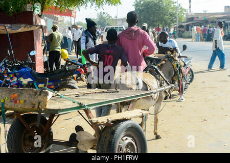 SAINT LOUIS, SENEGAL - Apr 24, 2017: Unbekannter senegalesischen zwei jungen Stehen von hinten in der Nähe der Warenkorb mit Esel in Saint Louis, einer der wichtigsten Cit Stockfoto