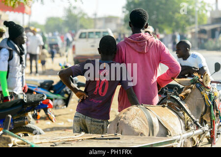 SAINT LOUIS, SENEGAL - Apr 24, 2017: Unbekannter senegalesischen zwei jungen Stehen von hinten in der Nähe der Warenkorb mit Esel in Saint Louis, einer der wichtigsten Cit Stockfoto