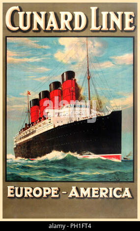 Jahrgang 1920 Cunard Line Poster für RMS Lusitania und RMS Mauretania Cunard Line Europa Amerika Original Vintage Travel Werbeplakat für Cunard Line Europe-America von Samuel John Milton Brown (1873-1965) eines vier Trichter Cunard Line Kreuzfahrt Schiff über den Ozean mit einem anderen Schiff auf dem Meer im Hintergrund und den Text oben und unten in stilisierten weißen Buchstaben. Gedruckt in Großbritannien von T.Forman & Söhne, Nottingham, London und Liverpool. Tourismusplakate, Großbritannien, 1920er Jahre, Design von Sam J. M. Brown Stockfoto