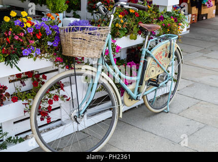 Dawes Fahrrad in Ponte de Lima Portugal in der Nähe von bunten Blumen.Klassisches Retro-Fahrrad, blau gefärbtes Fahrrad. Oldtimer-Fahrrad mit Korb. Stockfoto