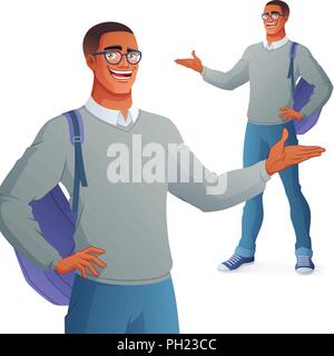 Smiling Student in Brillen präsentieren. Isolierte Vector Illustration. Stock Vektor