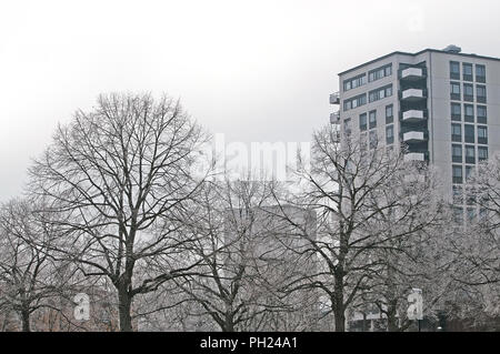 Winter Park Bäume und Hochhaus Architektur gegen auf einem grauen Wintertag in Vallingby in Stockholm, Schweden. Stockfoto