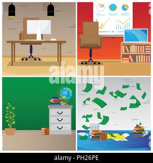 Moderne Büros mit Lap Top, Geld, Möbel und andere Gegenstände. Vector Illustration cartoon Geschäftshaus innere Sammlung. Stock Vektor