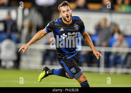 29. August 2018: San Jose Earthquakes, Valeri Kazaishvili (11) feiert sein Ziel während der MLS-Match zwischen dem FC Dallas und San Jose Earthquakes bei Avaya im Stadion in San Jose, Kalifornien. Chris Brown/CSM Stockfoto