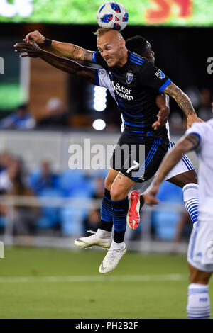 29. August 2018: San Jose Earthquakes Mittelfeldspieler Magnus Eriksson (7) leitet die Kugel während der MLS-Match zwischen dem FC Dallas und San Jose Earthquakes bei Avaya im Stadion in San Jose, Kalifornien. Chris Brown/CSM Stockfoto