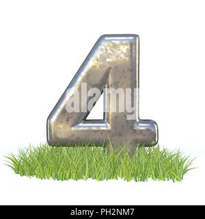Aus verzinktem Metall font Nr. 4 4 im Gras 3D-Render Abbildung auf weißem Hintergrund Stockfoto
