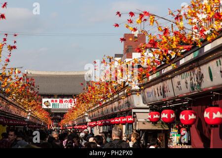 Überfüllte Nakamise-Einkaufsstraße, mit roten Laternen und orange leaf Niederlassungen eingerichtet, die dem Sensoji-tempel, Asakusa, Tokyo, Japan, November 10, 2017. () Stockfoto