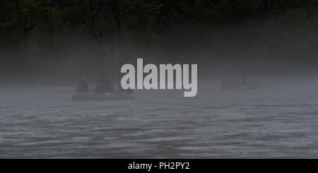 Foggy float Trip durch die Alaska Chilkat Bald Eagle Preserve in der Nähe von Haines, Alaska, USA. Stockfoto