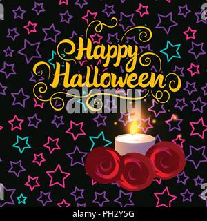Happy Halloween Schriftzug Karte. Kerzen leuchten. Vector Illustration mit Kids Design Hintergrund. Stock Vektor