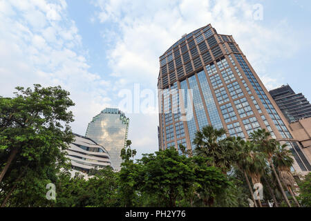 Die üppigen Bäume an der Benchasiri Park und moderne Wolkenkratzer in der Innenstadt von Bangkok, Thailand. Stockfoto