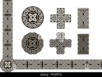 Keltische Vektor geknüpfte Knotenkunst. Satz keltischer Muster und keltischer ornamentaler Ecken in Schwarz. Set aus dem alten irischen celtic Crosses Logo. Stock Vektor