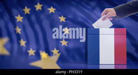 Wahlen in Frankreich für EU-Parlament. Hand einfügen einen Umschlag in eine französische Flagge Urne auf der Fahne der Europäischen Union Hintergrund. 3D-Darstellung Stockfoto