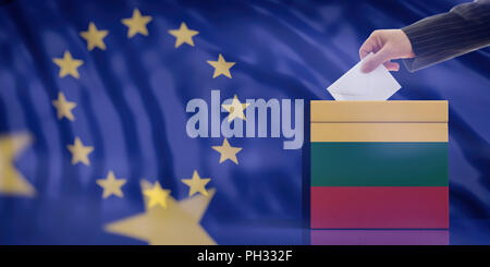 Wahlen in Litauen für EU-Parlament. Hand einfügen einen Umschlag in ein litauischer Flagge Urne auf der Fahne der Europäischen Union Hintergrund. 3d illustratio Stockfoto