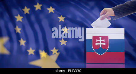 Wahlen in der Slowakei zum EU-Parlament. Hand einfügen einen Umschlag in einem slowakischen Flagge Urne auf der Fahne der Europäischen Union Hintergrund. 3D-Darstellung Stockfoto