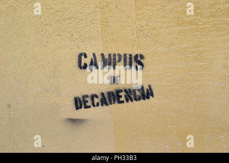 Stenciled politische Graffiti an der Wand, auf dem Campus der Universität von Oviedo in Oviedo, Asturien, Spanien und behauptet, dass es sich um eine "Campus des Niedergangs". Stockfoto