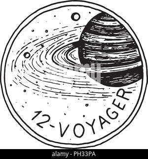 Platz Logo mit dem Planeten. Erforschung der astronomischen Galaxy. mission spaceman oder Astronaut. kosmonaut Abenteuer. Abzeichen für T-Shirt. Vintage Tattoo, graviert Hand gezeichnete Skizze. Stock Vektor
