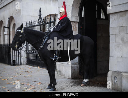 London, Großbritannien, 31. Oktober 2017: Trooper der Household Cavalry auf schwarzem Pferd steht außerhalb der Horse Guards in Whitehall in London Stockfoto