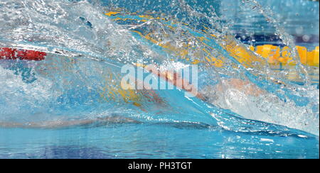 Mann konkurrieren in den Pool. Mann Schwimmen rückenschwimmen. Schwimmer im Pool hinter dem Spritzwasser Vorhang. Stockfoto