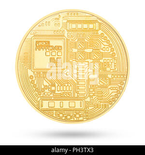 Bitcoin, goldene Münze auf weißem Hintergrund, Freistellungspfad Stockfoto